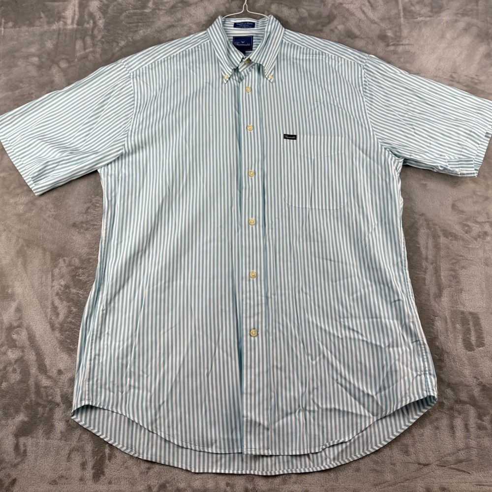 Faconnable Button Down Shirt Mens L Striped Blue White Short Sleeve EUC